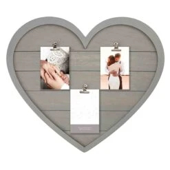 3-Opening Gray Plank Heart Shaped Photo Clip Collage Frame