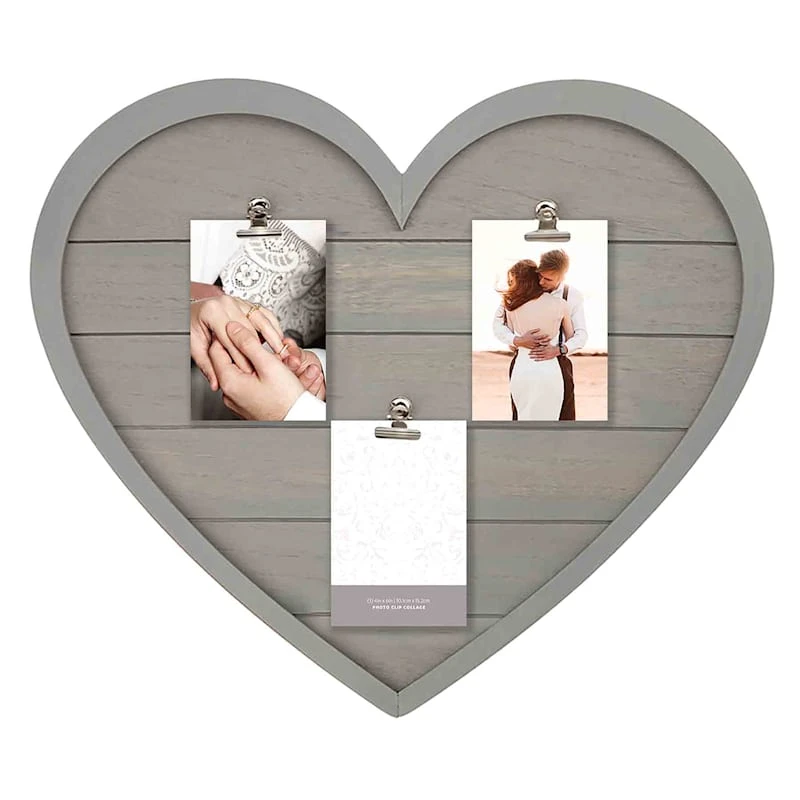 3-Opening Gray Plank Heart Shaped Photo Clip Collage Frame 3 3-Opening Gray Plank Heart Shaped Photo Clip Collage Frame
