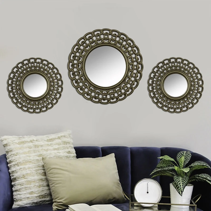 3-Piece Gold Chain Framed Round Wall Mirror Set, 15" 4 3-Piece Gold Chain Framed Round Wall Mirror Set, 15" - Image 2