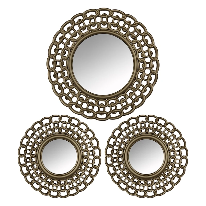 3-Piece Gold Chain Framed Round Wall Mirror Set, 15" 3 3-Piece Gold Chain Framed Round Wall Mirror Set, 15"