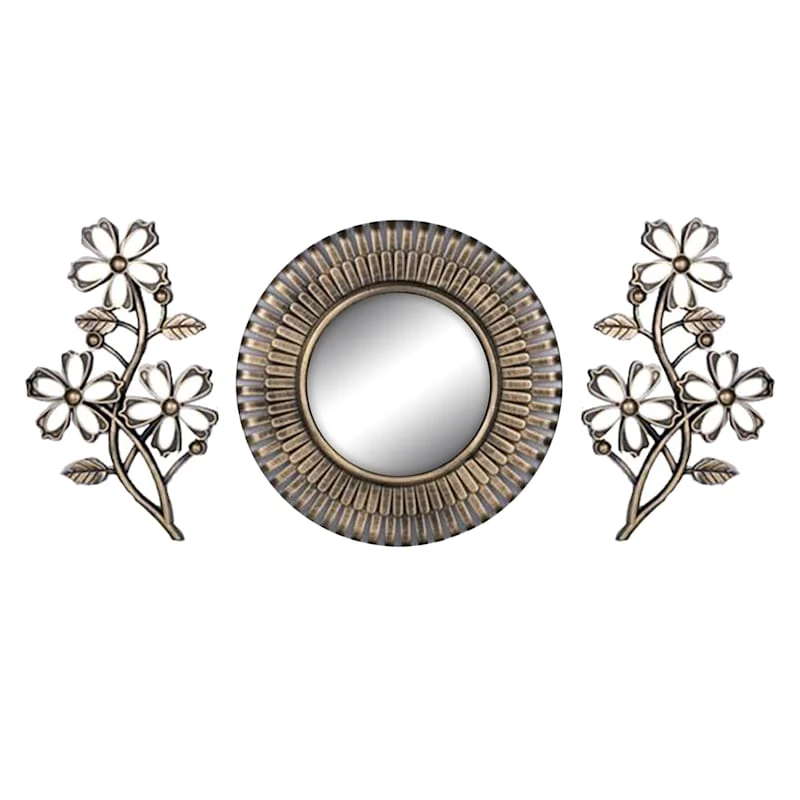 3-Piece Gold Framed Floral Accent Wall Mirror Set, 10" 3 3-Piece Gold Framed Floral Accent Wall Mirror Set, 10"