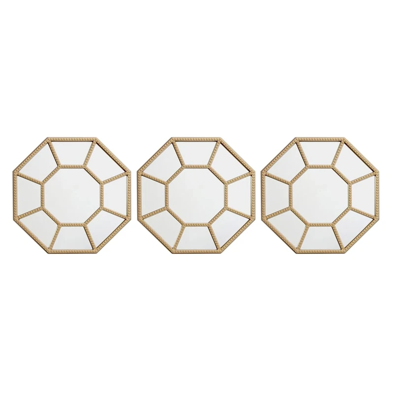 3-Piece Gold Octagon Mirror Set, 10" 3 3-Piece Gold Octagon Mirror Set, 10"