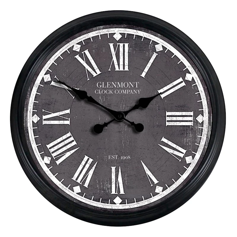 Black Frame Clock With Grey Distressed Face, 30" 3 Black Frame Clock With Grey Distressed Face, 30"