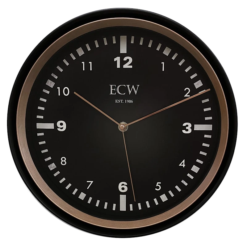 Black & Rose Gold Round Modern Wall Clock With Black Dial, 12" 3 Black & Rose Gold Round Modern Wall Clock With Black Dial, 12"