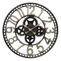 Black & Silver Round Wall Clock With Cutout Gear & Open Hands, 20"