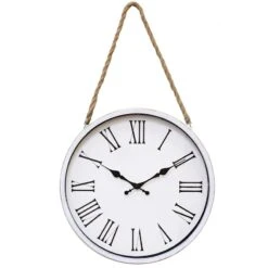 Distressed White Round Hanging Wall Clock With Rope, 16"