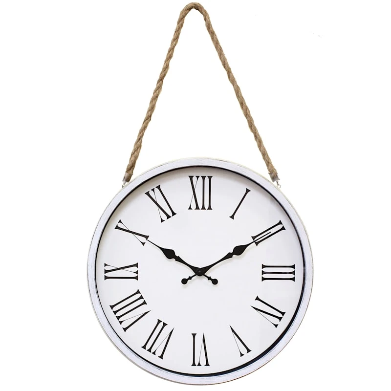 Distressed White Round Hanging Wall Clock With Rope, 16" 3 Distressed White Round Hanging Wall Clock With Rope, 16"