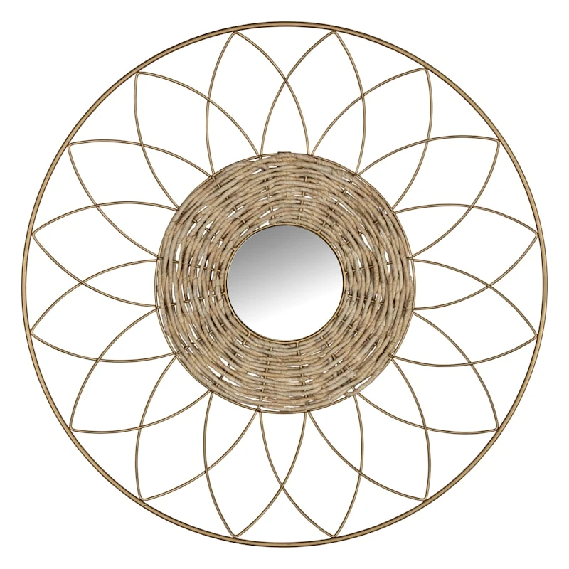 Framed Flower Weaved Round Wall Mirror, 24" 3 Framed Flower Weaved Round Wall Mirror, 24"