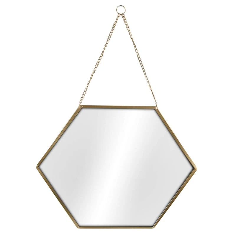 Gold Metal Hexagon Shaped Hanging Wall Mirror, 16" 3 Gold Metal Hexagon Shaped Hanging Wall Mirror, 16"