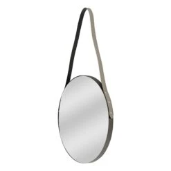 Hanging Round Wall Mirror With Leather Strap, 16"