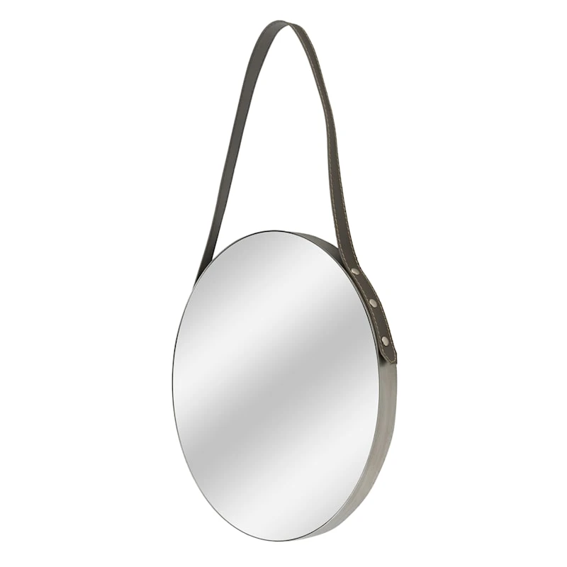 Hanging Round Wall Mirror With Leather Strap, 20" 3 Hanging Round Wall Mirror With Leather Strap, 20"