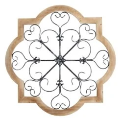 Honeybloom Barbed Quatrefoil Scroll Medallion Natural Wood Wall Decor, 36"