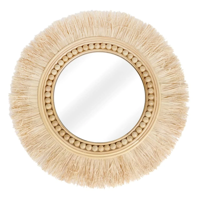Natural Raffia Framed Round Wall Mirror, 29" 3 Natural Raffia Framed Round Wall Mirror, 29"
