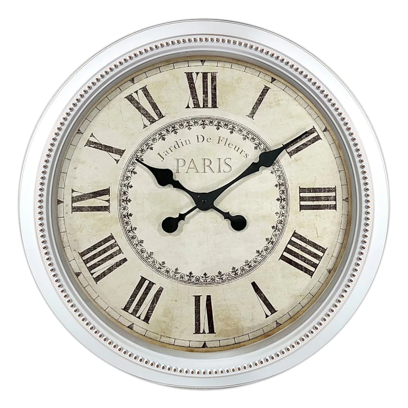 White Beaded Paris Wall Clock, 22" 3 White Beaded Paris Wall Clock, 22"