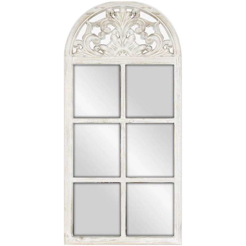 Windowpane With Ornate Carved Top Wall Mirror, 20x42 3 Windowpane With Ornate Carved Top Wall Mirror, 20x42