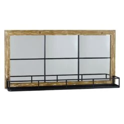 Wood Framed Window Pane Wall Mirror With Shelf, 36"